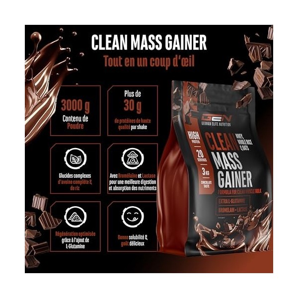 Clean Weight Gainer - 3 kg - Avec Glucides Complexes et Protéines - Idéal pour la Phase de Prise de Masse - Poudre pour la Pr