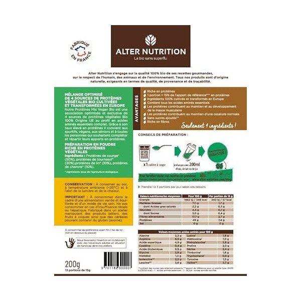 Alter Nutrition - Protéines Mix Vegan Bio - Mélange De 4 Protéines Végétales Bio Chanvre, Courge, Tournesol, Lin - Riche En M...