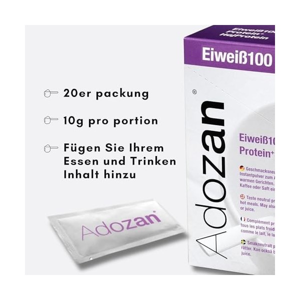 Adozan Protéine100 : Poudre de protéines | 10g 20er pack | Poudre de protéines à 99% | Pour tous les plats et boissons | Id