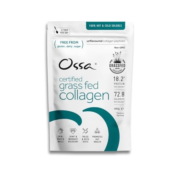 Poudre de peptides de collagène certifié Ossa 400 g – Supplément pour femmes et hommes, protéine de collagène bovin hydrolysé