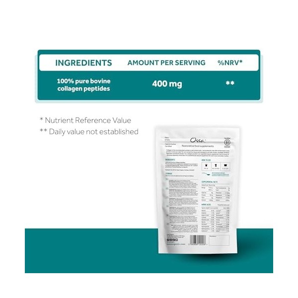 Poudre de peptides de collagène certifié Ossa 400 g – Supplément pour femmes et hommes, protéine de collagène bovin hydrolysé