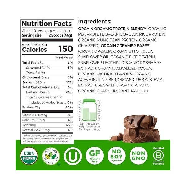 Orgain Poudre de protéine végétale Bio, 3 Chefs, tailles variées Mélange de protéines