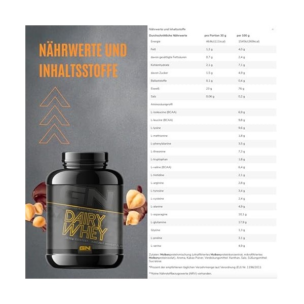 GN Laboratories 100 % poudre de protéines de lactosérum Dairy 1 kg nougat de noisette – Poudre de protéines avec 23 g de pr M...