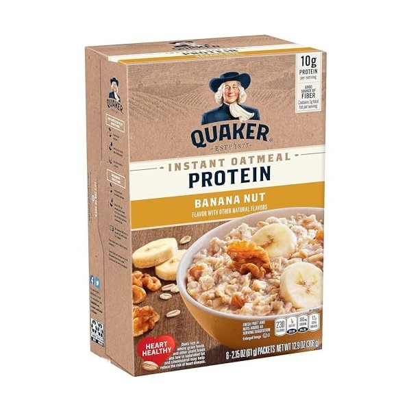 Quaker Instant Oatmeal Protein Banana Nut Flavor 6 Count, 12.9oz Box Pack of 2 