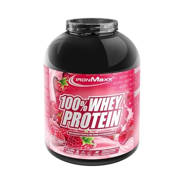 IronMaxx 100% Whey Protein Framboise – Poudre de protéines de lactosérum hydrosoluble - Riche en protéines - Contient naturel