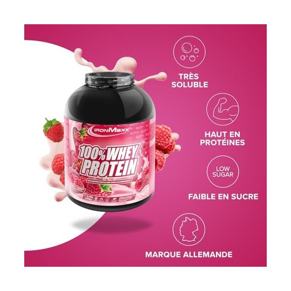 IronMaxx 100% Whey Protein Framboise – Poudre de protéines de lactosérum hydrosoluble - Riche en protéines - Contient naturel