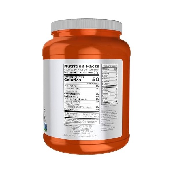 NOW Sports, poudre de protéine de riz dorge, non aromatisée, très durable, 10 g de protéines, 0,7 kg.