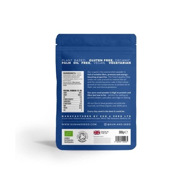 Sun & Seed Poudre de protéine de graines de chia bio 300 g – Haute protéine, riche en fibres, faible en matières grasses – Su