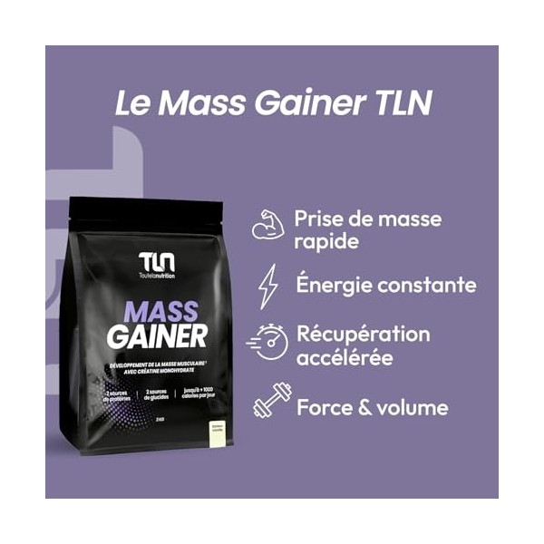 MASS GAINER | Gainer Prise de Masse Musculation | Créatine | +1200 kcal par jour | Protéines Whey & Caséine + Glucides Avoine