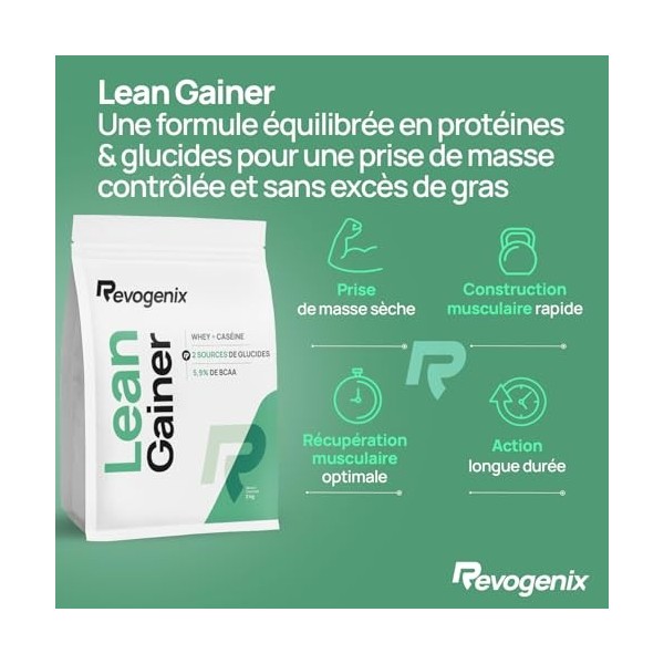 LEAN GAINER | Protéines avec Whey + Caséine | Glucides avec Farine d’avoine + Maltodextrine | Gainer Prise de Masse Musculati