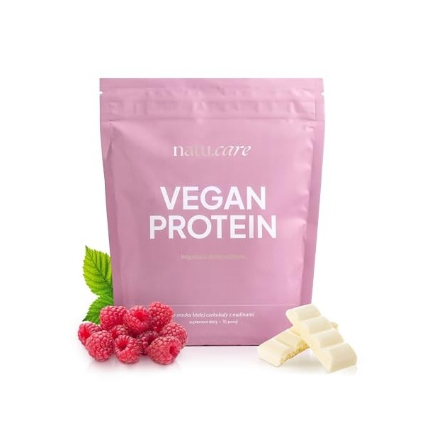 natu.care Poudre protéinée végétalienne Chocolat blanc & framboise - Protéines végétales issues de pois, riz & levure avec co