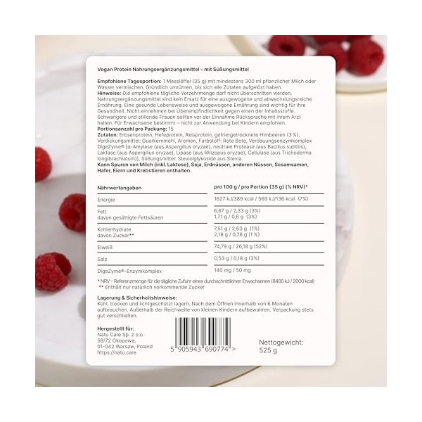 natu.care Poudre protéinée végétalienne Chocolat blanc & framboise - Protéines végétales issues de pois, riz & levure avec co