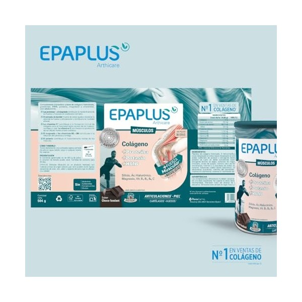 EPAPLUS Muscles - Poudre Collagène 30 Jours Chocolat Protéine Potassium HMB 504g