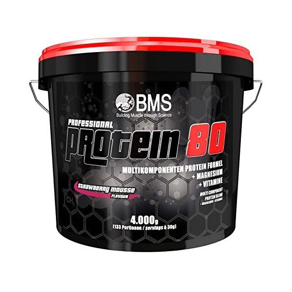 BMS Mousse professionnelle Protein 80 seau de 4 000 g à la fraise
