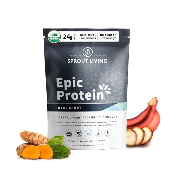 Sprout Living, Epic Protein, poudre de protéines et superaliments à base de plantes, Real Sport | 24 g de poudre de protéine 