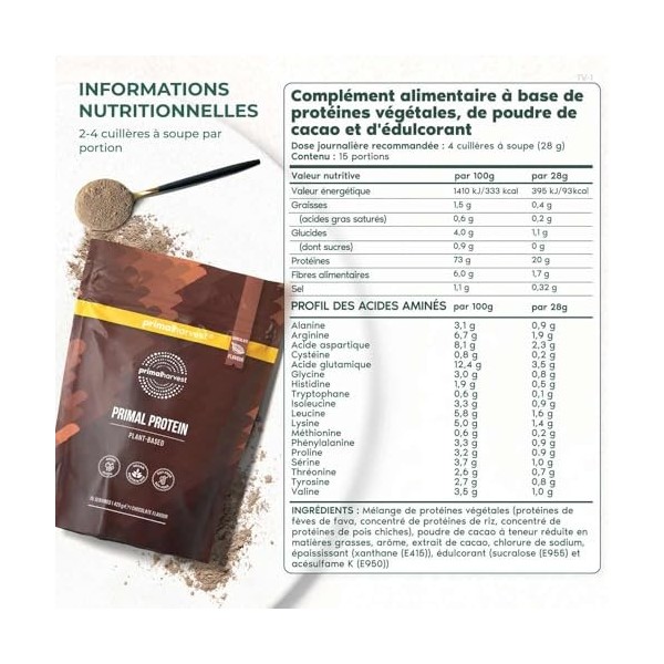 Primal Harvest Primal Protein – Protéine végétalienne aux haricots fava, pois chiches et riz, 20 g de protéines par portion, ...