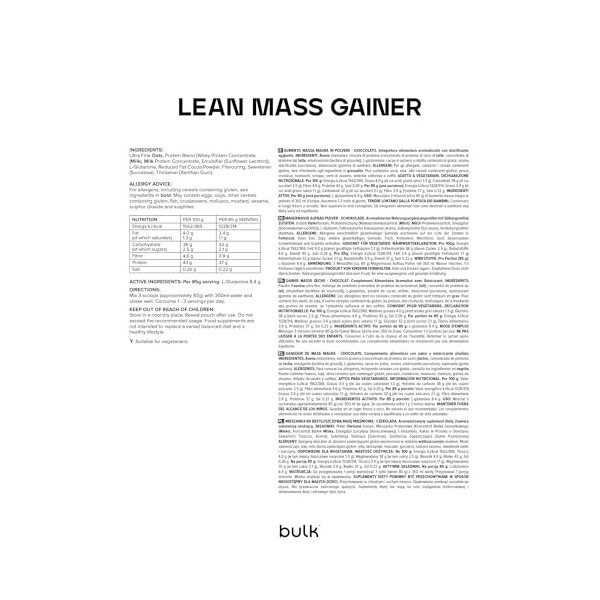Bulk Gainer Masse Sèche, Shake protéiné en poudre, gainer lean, glutamine, Chocolat, 1 kg, 11 Portions