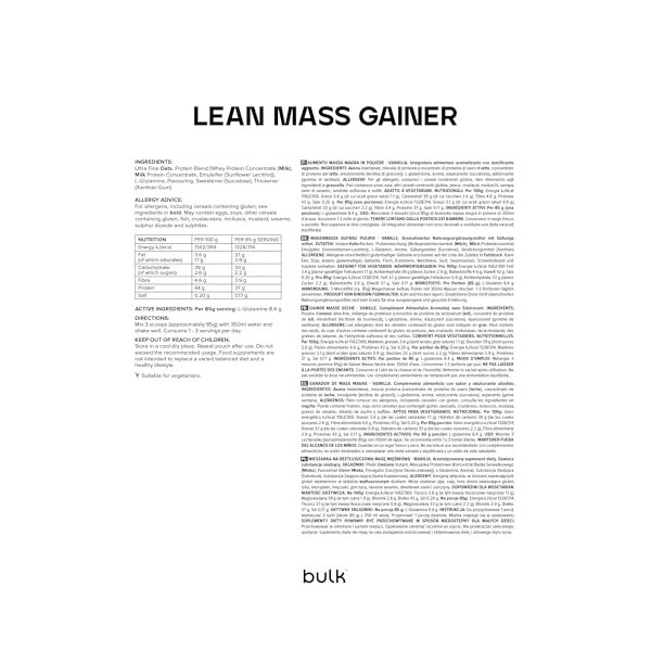 Bulk Gainer Masse Sèche, Shake protéiné en poudre, gainer lean, glutamine, Vanille, 1 kg, 11 Portions