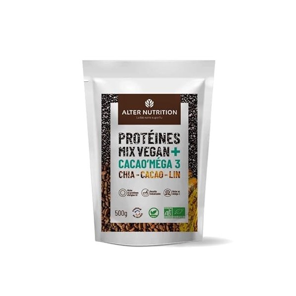 Protéines Mix Vegan Cacao’mega 3, Alter Nutrition, Mélange de 4 protéines végétales, Chanvre, Courge, Tournesol, Lin, associé...