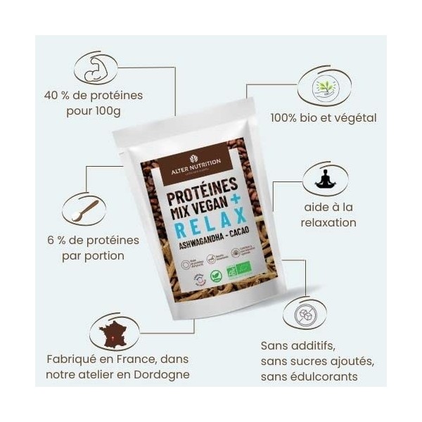 Alter Nutrition - Protéines Mix Vegan Bio Relax - Mélange De 4 Protéines Végétales à l’Ashwagandha et au cacao bio - Fabriqué...