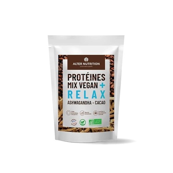 Alter Nutrition - Protéines Mix Vegan Bio Relax - Mélange De 4 Protéines Végétales à l’Ashwagandha et au cacao bio - Fabriqué...