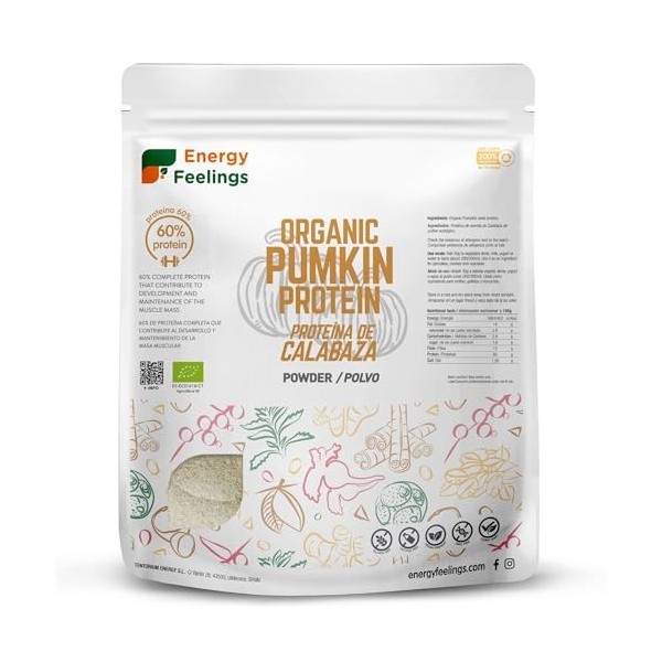 Energy Feelings Protéine Végétale de Graine de Courge Bio 60% 1kg, Poudre de Protéine Musculation Sans Sucre Ajouté et Sans L