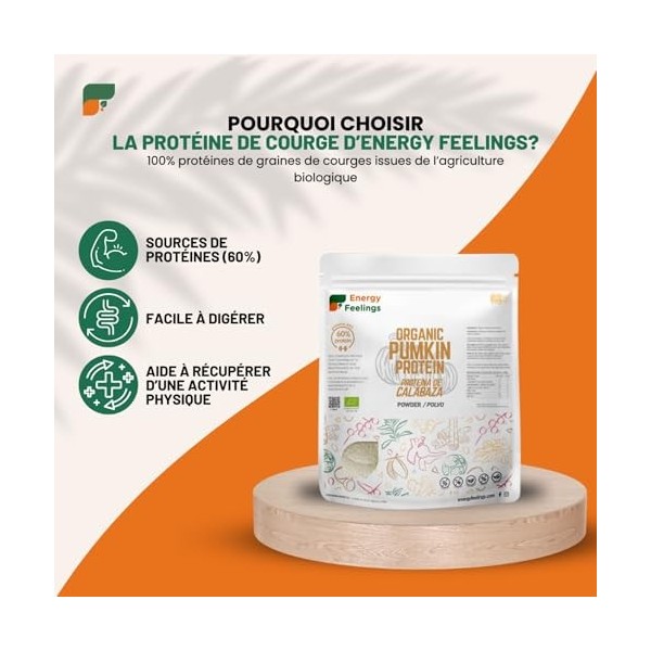 Energy Feelings Protéine Végétale de Graine de Courge Bio 60% 1kg, Poudre de Protéine Musculation Sans Sucre Ajouté et Sans L
