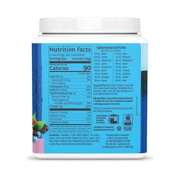 Mélange de protéines Sun Warrior végétalien à base de plantes, baies, 375 g