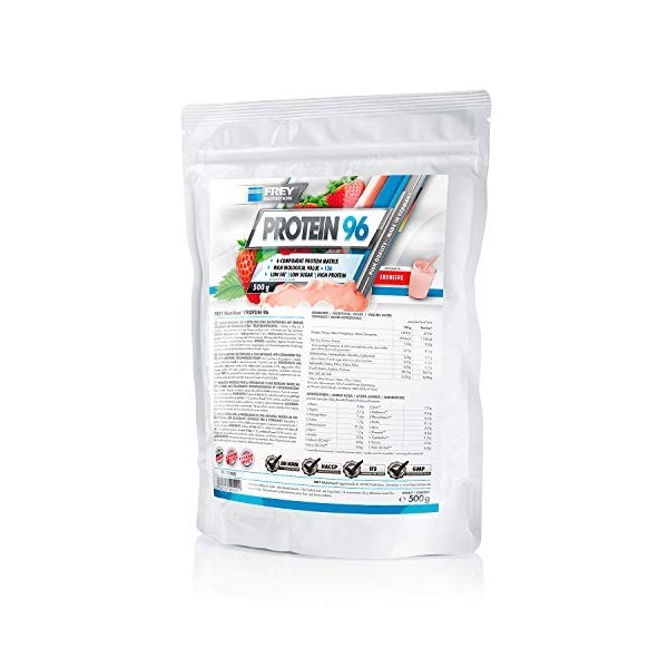 FREY Nutrition Support Musculaire pour Sportifs Protéine 96 Fraise 500 g