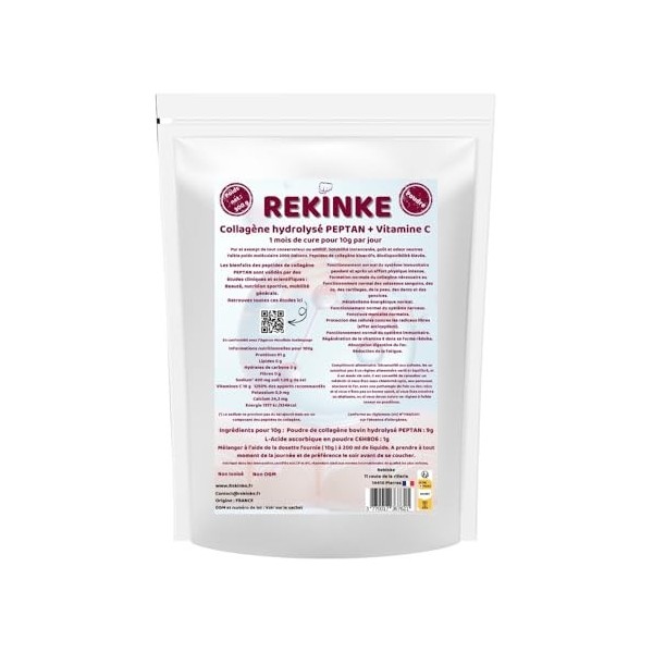 Pure poudre de collagène bovin hydrolysé Type 1 PEPTAN + vitamine C 300g REKINKE Riche en Acides Aminés et Glycine