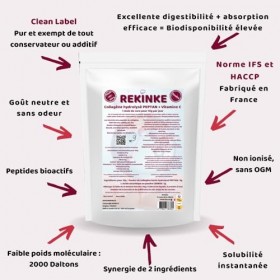 Pure poudre de collagène bovin hydrolysé Type 1 PEPTAN + vitamine C 300g REKINKE Riche en Acides Aminés et Glycine