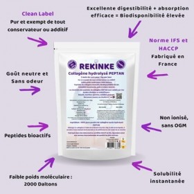 Pure poudre de collagène bovin hydrolysé 2000 Daltons Type 1 PEPTAN 300g REKINKE Riche en Acides Aminés et Glycine