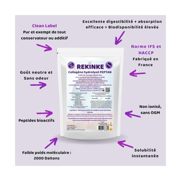 Pure poudre de collagène bovin hydrolysé 2000 Daltons Type 1 PEPTAN 300g REKINKE Riche en Acides Aminés et Glycine