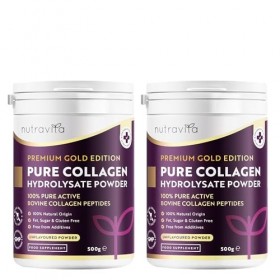 Nutravita Poudre de Collagene 500 g lot de 2 - Premium Peptides de Collagène Hydrolysés de Type 1-50 Portions - Collagen Hy