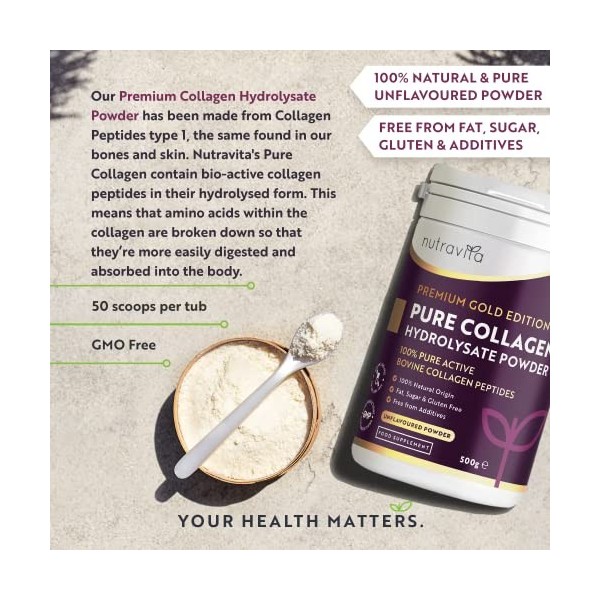 Nutravita Poudre de Collagene 500 g lot de 2 - Premium Peptides de Collagène Hydrolysés de Type 1-50 Portions - Collagen Hy