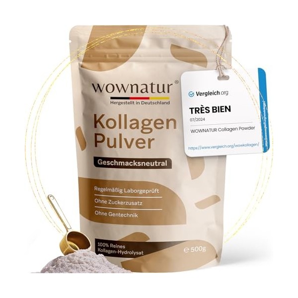 WOWNATUR® Collagen Poudre 500g Powder - Solubilité parfaite - Hydrolysat de collagène de première qualité - Petite taille des