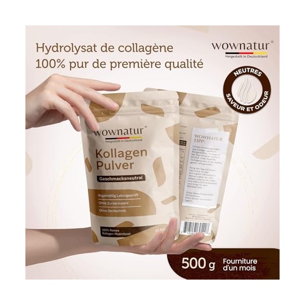 WOWNATUR® Collagen Poudre 500g Powder - Solubilité parfaite - Hydrolysat de collagène de première qualité - Petite taille des