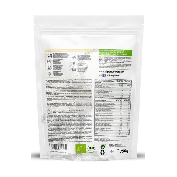 AlpenPower PROTÉINE DE CASÉINE MICELLAIRE BIO 750 g - Poudre de protéine de caséine pure à 100% sans additifs - Poudre de cas