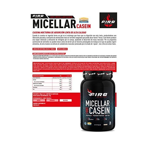 Fire Nutrition 100 % caséine micellaire 2 lb 908 g chocolat, alimentation feu, protéines assimilées lentement, anticatabole