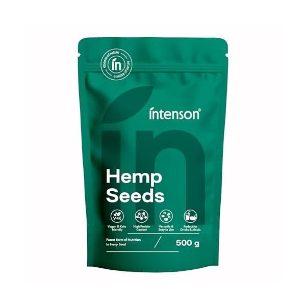 Intenson Graines de Chanvre Décortiquées, 500 g, Riches en Protéines et Acides Gras Oméga, Véganes et Compatibles Keto, Natur...
