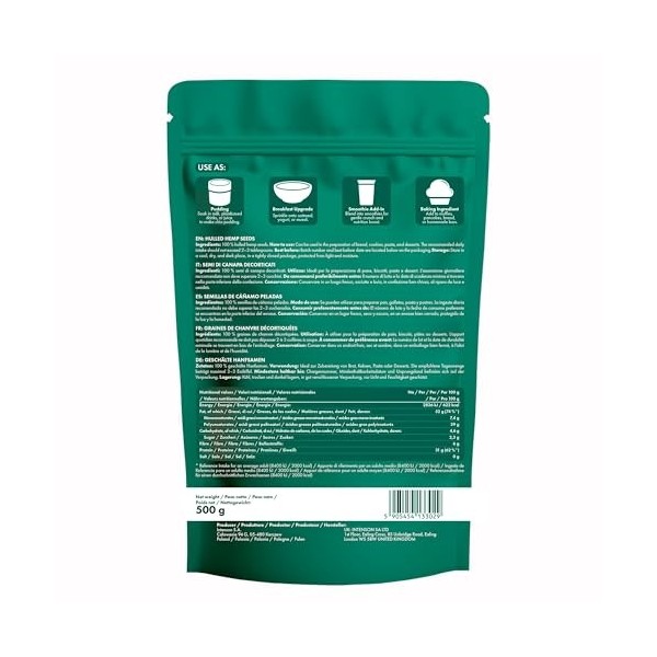 Intenson Graines de Chanvre Décortiquées, 500 g, Riches en Protéines et Acides Gras Oméga, Véganes et Compatibles Keto, Natur...