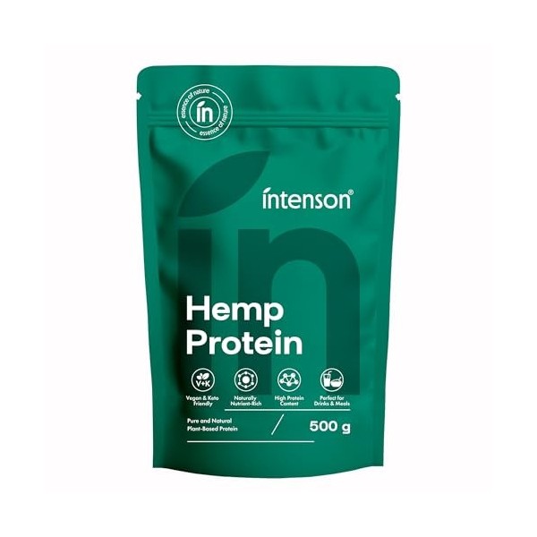 Intenson Protéine de Chanvre en Poudre, 500 g, Riche en Protéines, Soutient le Maintien et la Régénération Musculaire, Végan,