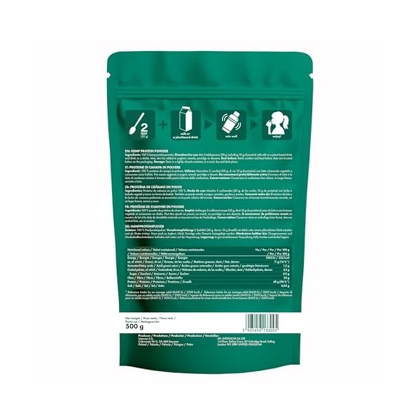 Intenson Protéine de Chanvre en Poudre, 500 g, Riche en Protéines, Soutient le Maintien et la Régénération Musculaire, Végan,