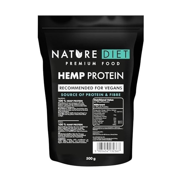 Nature Diet Protéine de Chanvre | 500 g | Protéine Végétale en Poudre | Riche en Fibres | Vegan, Sans Gluten & Sans Lactose |