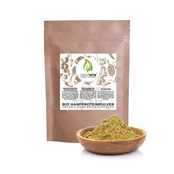 GreatVita Poudre de protéines de chanvre bio 800 g | Qualité supérieure – Haute teneur en protéines / protéines naturelles Pr...