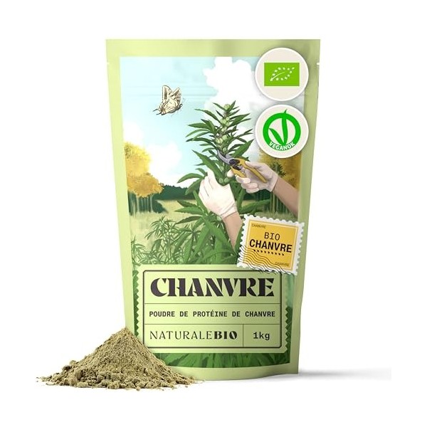 NaturaleBio Protéine de Chanvre en Poudre 1 kg - Proteine en Poudre pour Personnes Actives - Idéal pour Régimes Sans Gluten, 