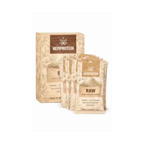 HEMPROTEIN Protéine de Chanvre en Poudre Pure RAW – 12 Sachets 12 × 40 g | Protéine végétale 100% Chanvre | Sans arômes, sa