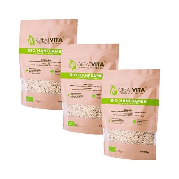 MeaVita Paquet de 3 Graines de Chanvre Biologique Pelées 1 kg