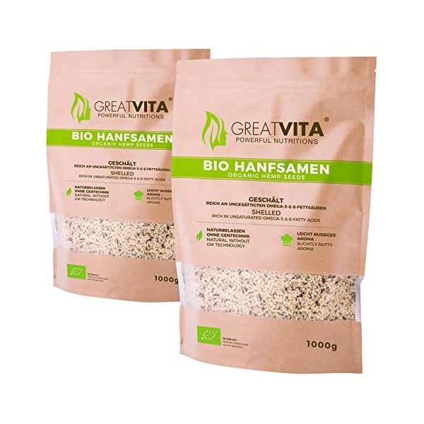 MeaVita Paquet de 2 Graines de Chanvre Biologique Pelées 1 kg