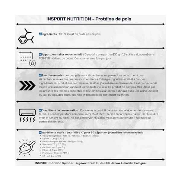Protéine de Pois Isolat Pur | Protéine Végétale Végan Sans Lactose | Idéal pour la Musculation, la Nutrition Sportive, la Con